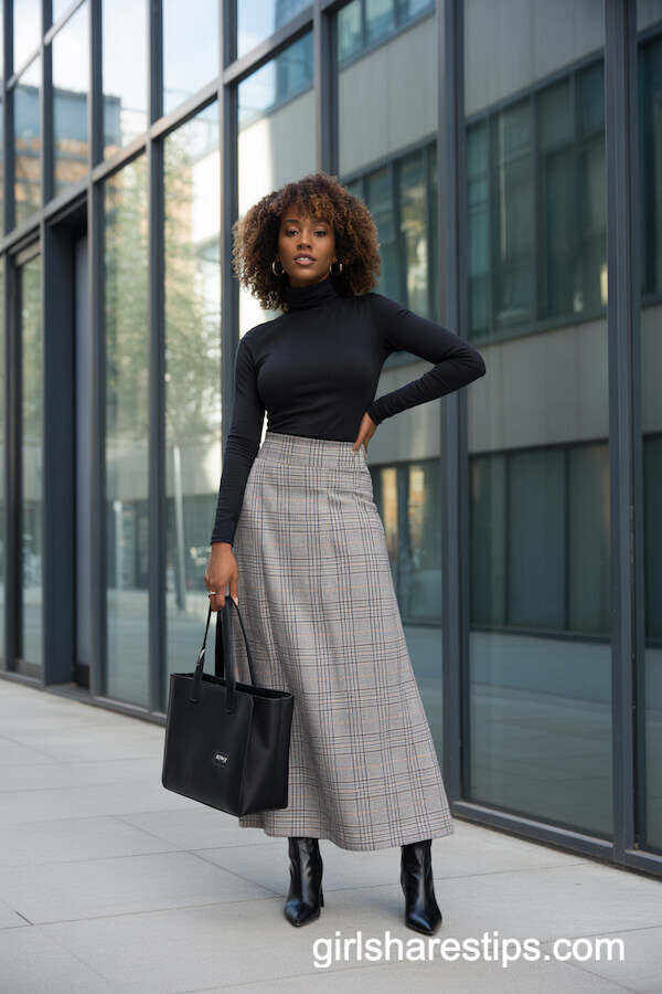Fitted Black Turtleneck with Plaid Maxi Skirt