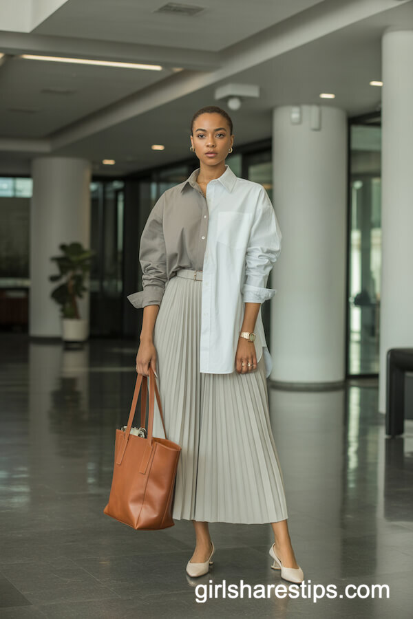 Modern Shirt Dress Layered with Crisp Pleated Long Skirt