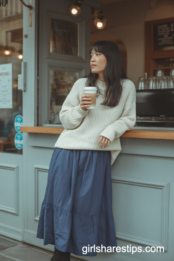 Chunky Cream Knit Sweater with Navy Flowy Skirt
