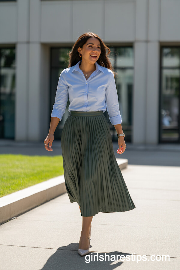 Crisp Blue Button-Down with Pleated Green Skirt