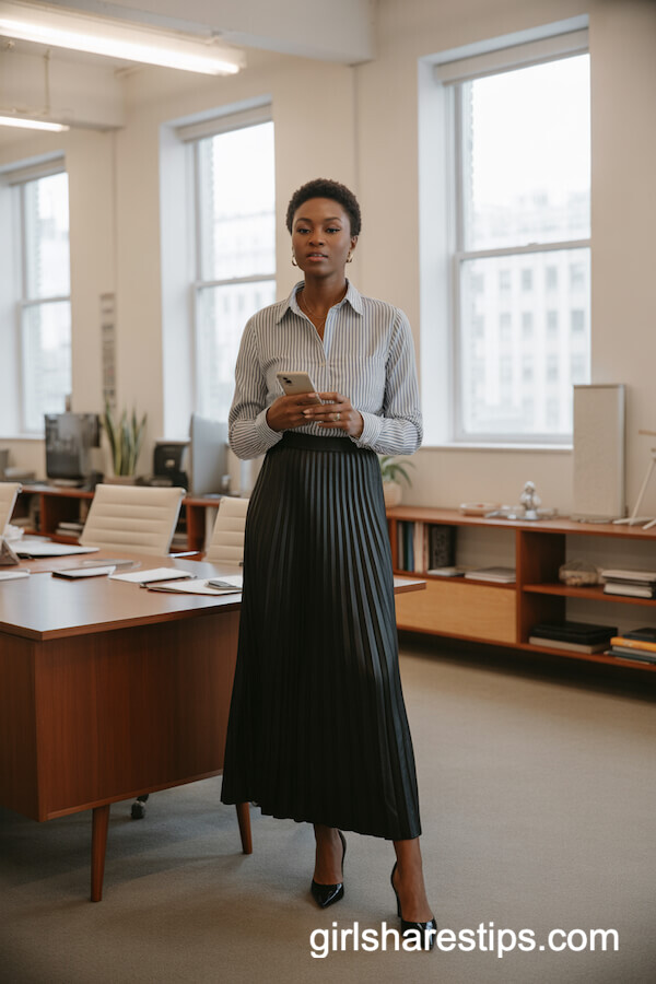 Fitted Striped Shirt with Black Maxi Skirt
