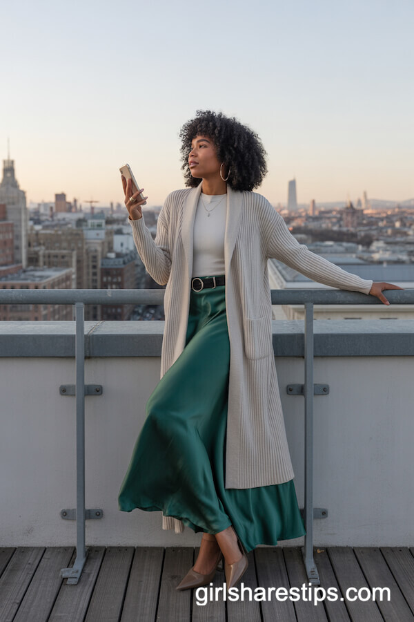 Long Belted Cream Sweater with Emerald Satin Skirt