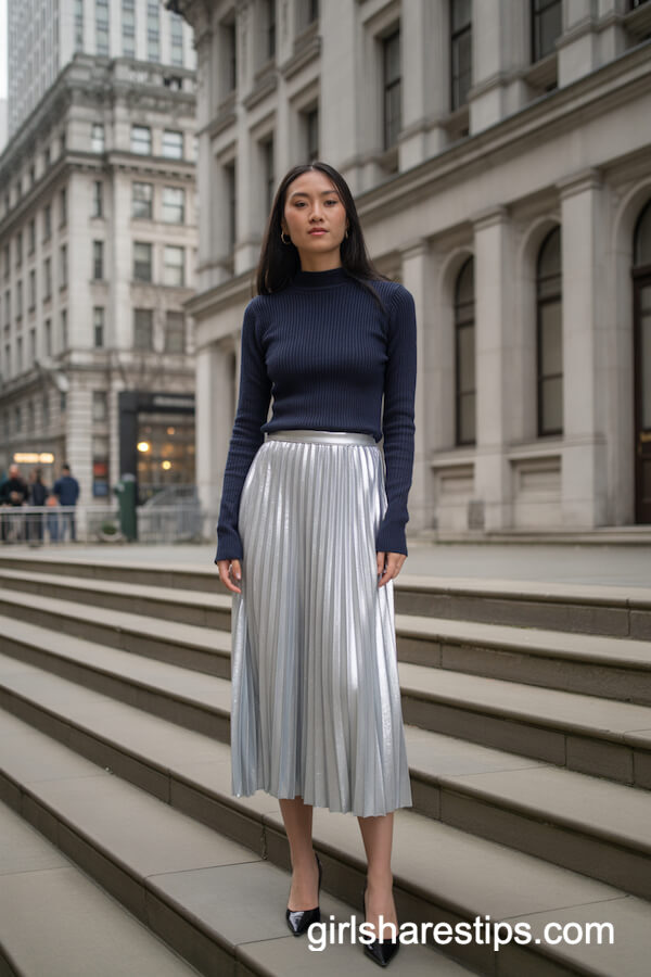 Fitted Navy Sweater with Shimmering Silver Pleated Skirt
