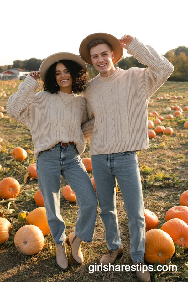 Chunky cream cable knit sweaters & jeans