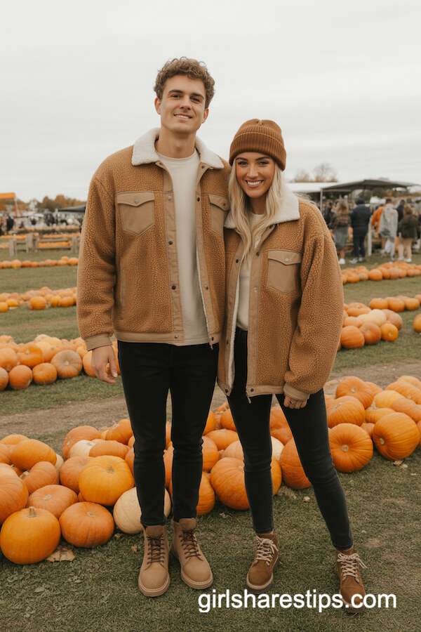Tan sherpa fleece jackets & skinny jeans