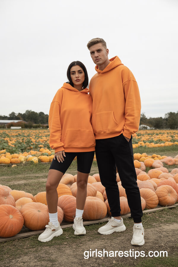 Pumpkin-orange hoodies & biker shorts