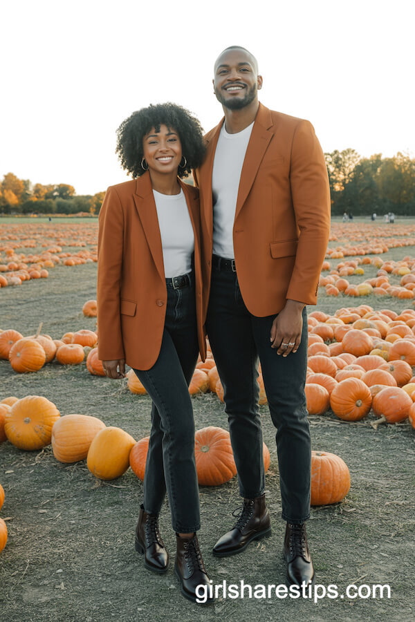 Rust-colored blazers & dark denim