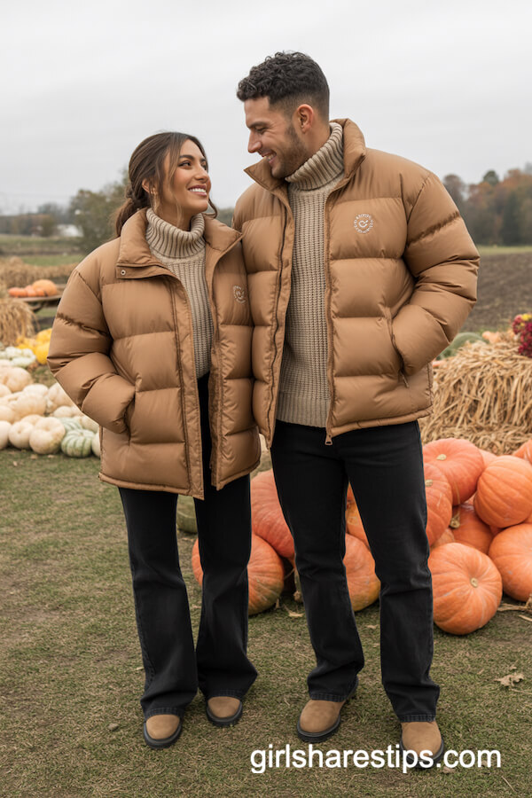 Tan puffer jackets knitted turtlenecks