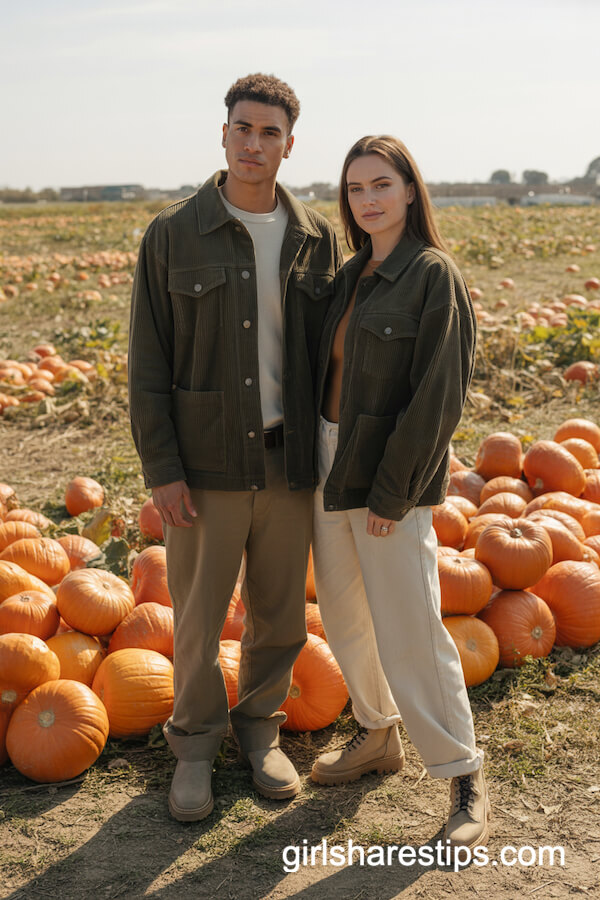 Dark olive corduroy jackets & canvas pants