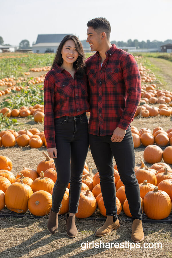 Red and black plaid shirts with skinny jeans