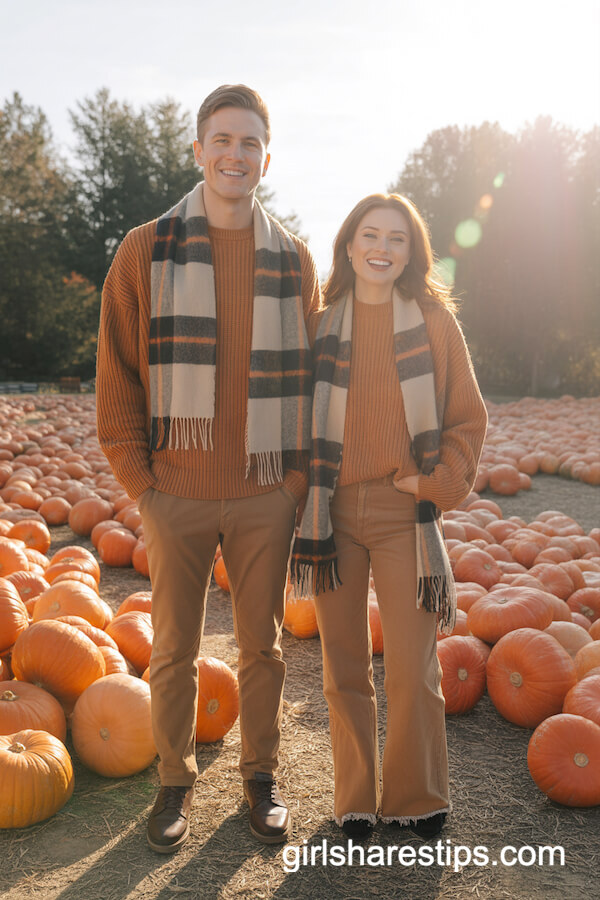 Spice-toned sweaters plaid scarves