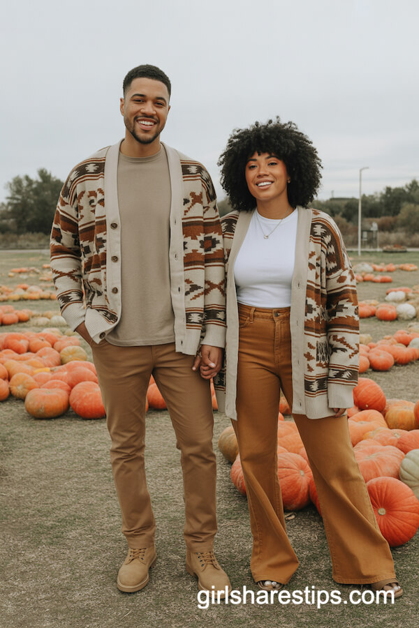 Southwest-patterned cardigans solid tees