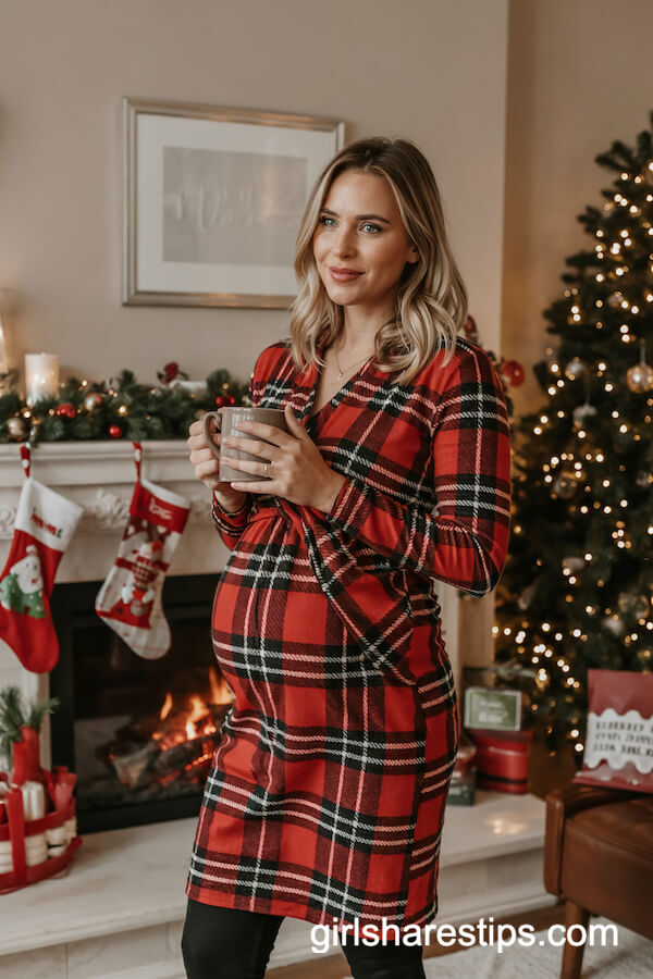 Red-and-Black Plaid Maternity Wrap Dress