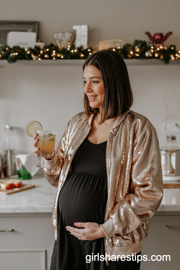 Gold Sequin Bomber Jacket & Black Maternity Dress