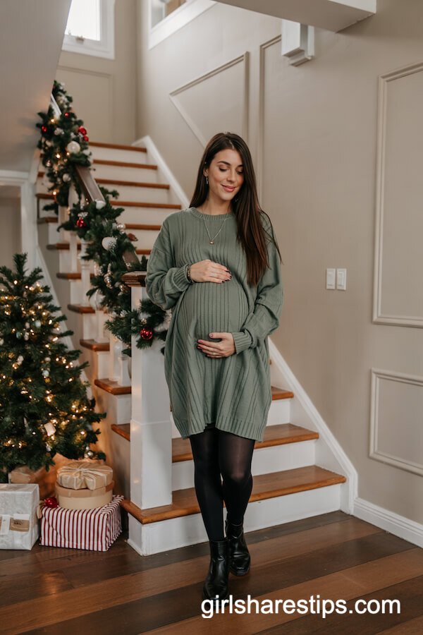 Oversized Green Knit Sweater Dress & Black Tights