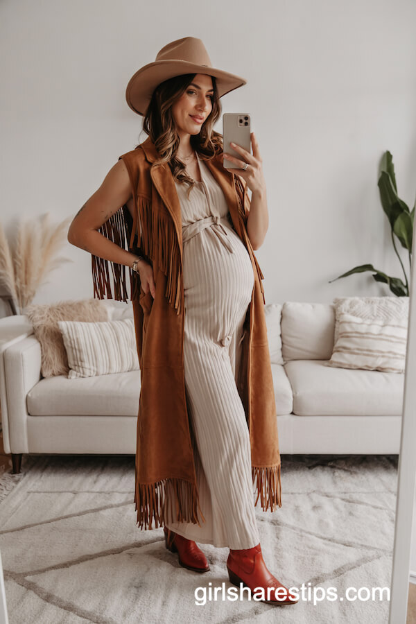 White Maxi Dress with Fringe Vest & Red Cowboy Boots