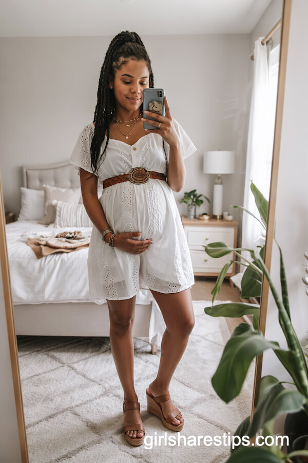 White Eyelet Romper with Leather Belt & Wedge Sandals