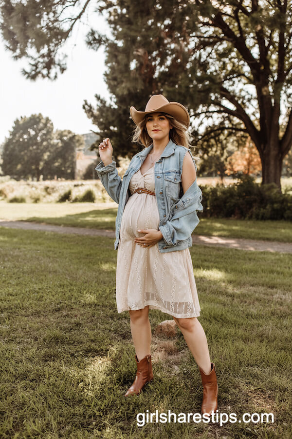 Lace Maternity Dress with Denim Vest & Cowboy Hat