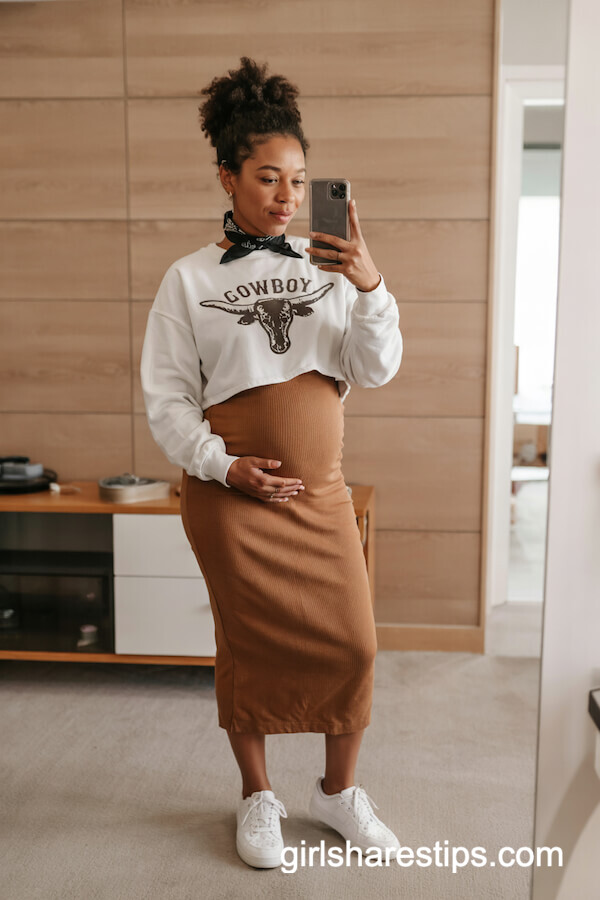 Cropped Sweatshirt with Maternity Skirt & Sneakers