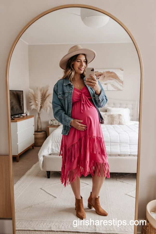 Hot Pink Fringe Dress with Denim Jacket & Boots