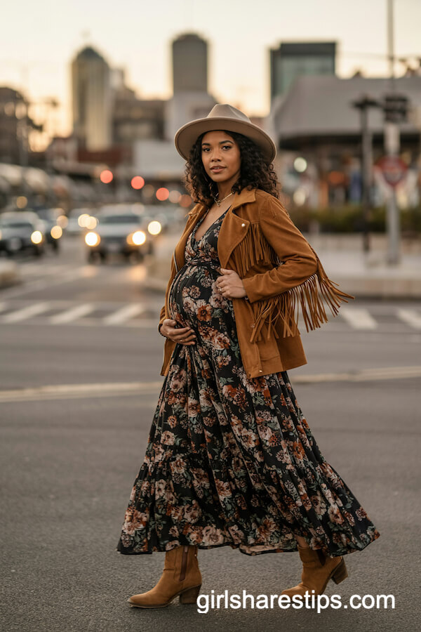 Boho Maxi Dress with Fringe Jacket & Western Boots