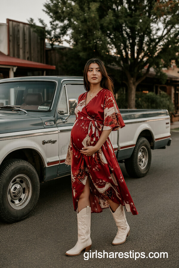 Red Wrap Dress with White Cowboy Boots