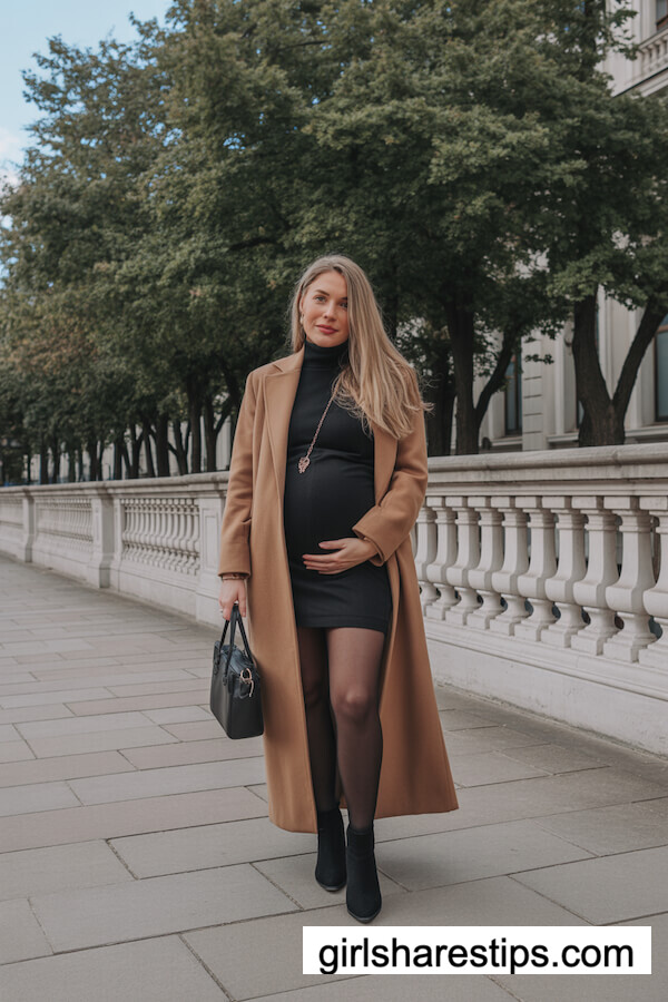 Camel Wool Coat over Black Mini Dress