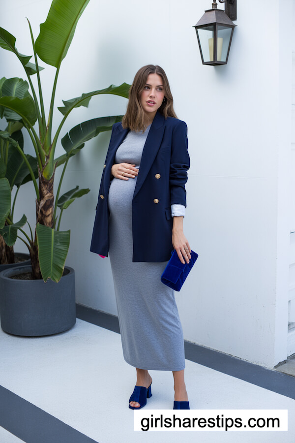 Navy Blazer over Gray Fitted Maternity Dress
