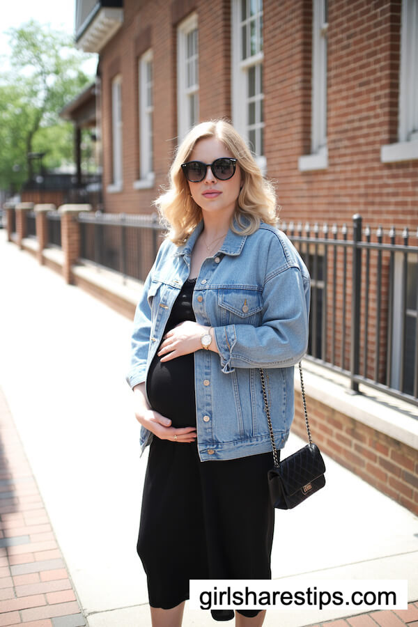 Light Blue Denim Jacket over Black Midi Dress