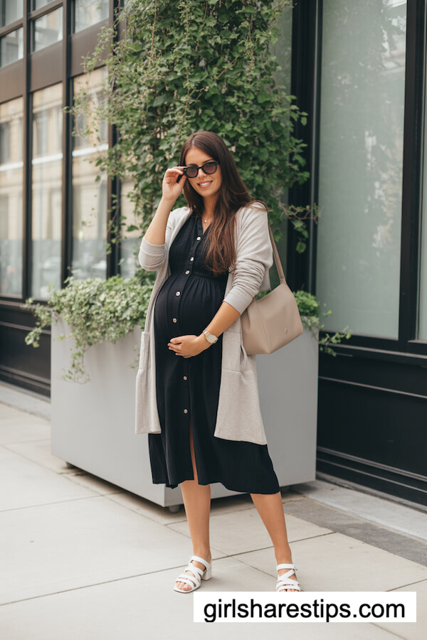Black Midi Dress with Beige Cardigan
