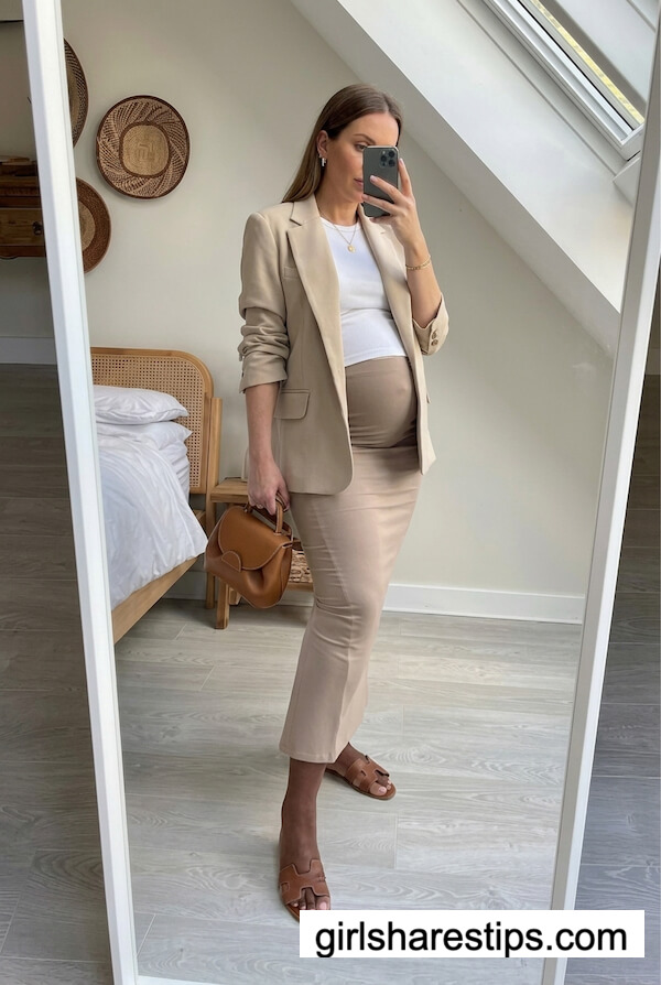 Beige Blazer and Skirt Set