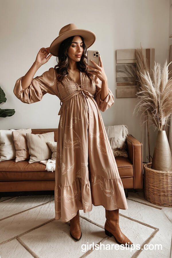 Printed Maxi Dress & Felt Hat