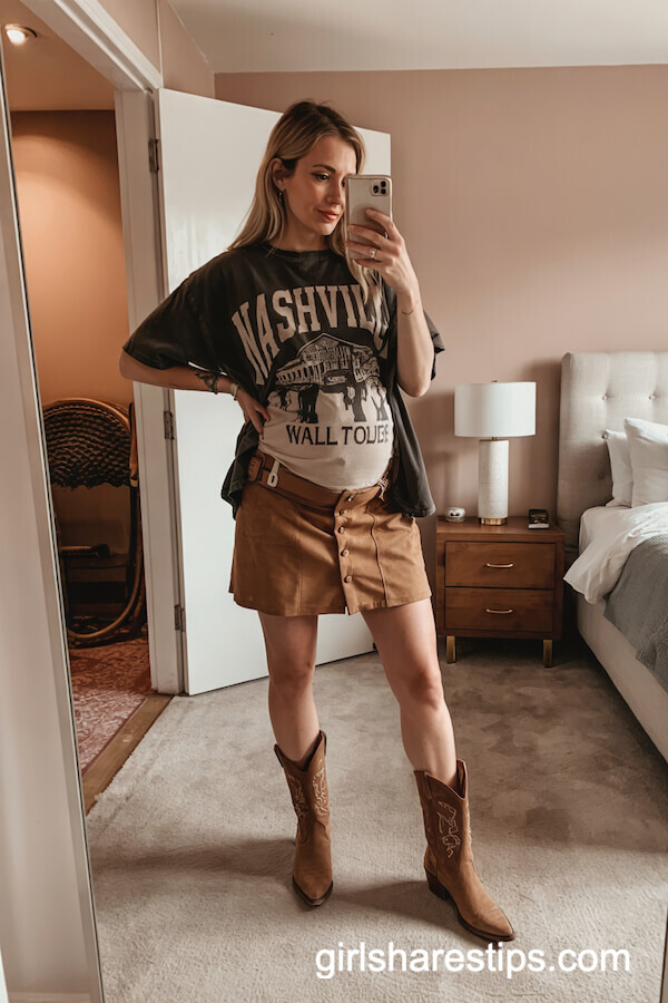 Vintage Graphic Tee With Suede Skirt
