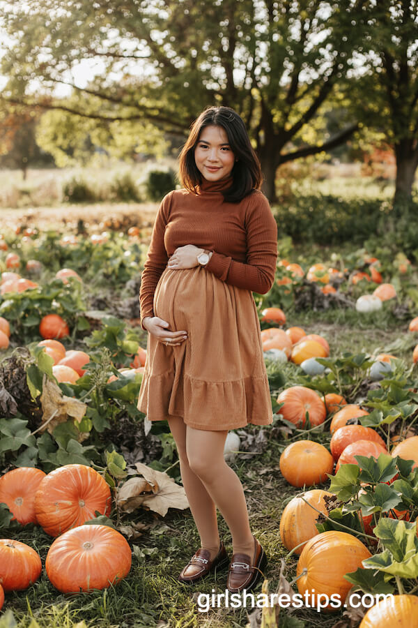 Rust Turtleneck Sweater and Corduroy Maternity Skirt With Loafers