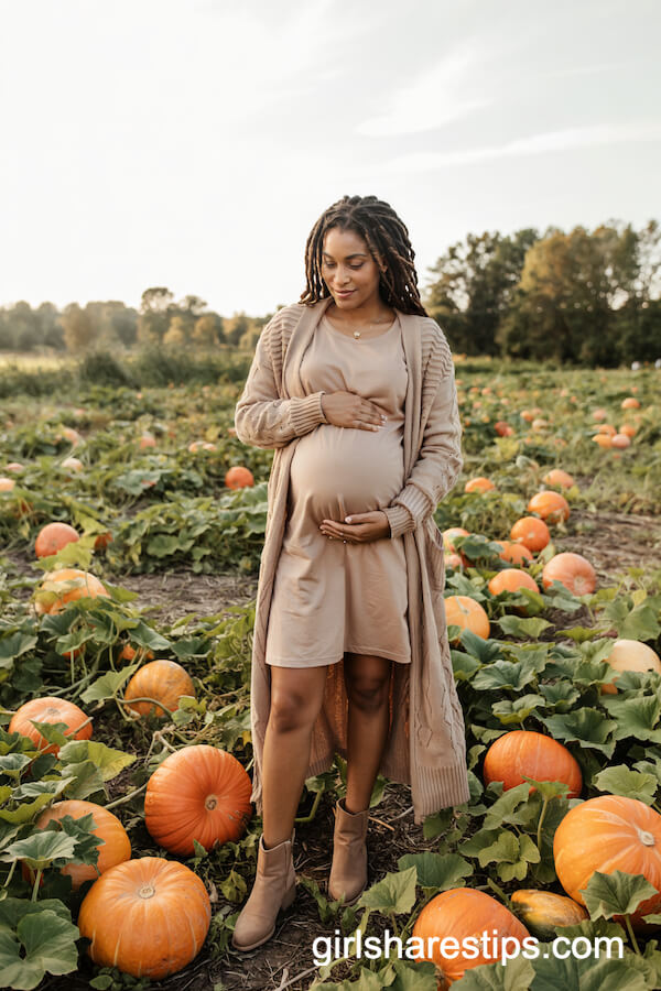 Beige Cardigan Over Rust Tee Dress and Ankle Boots