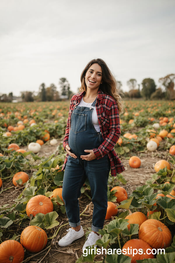 Maternity Overalls Over Red Plaid Flannel Shirt