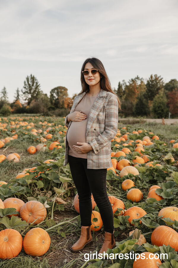 Checkered Blazer, Tee, and Black Skinny Maternity Jeans