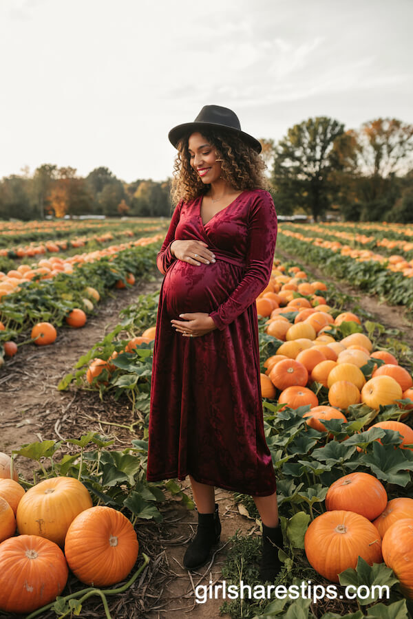 Burgundy Velvet Maternity Midi Dress With Felt Hat