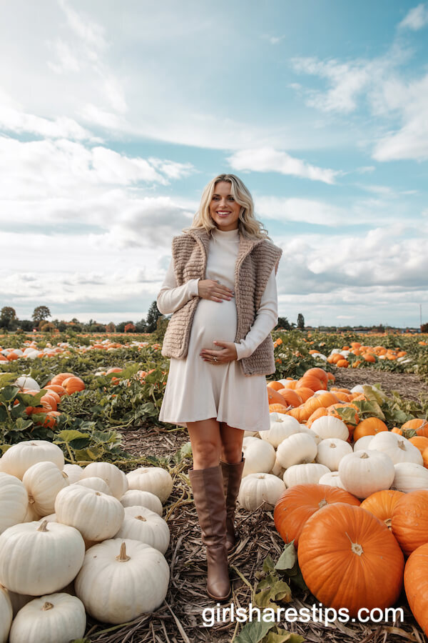 White Mini Dress and Cropped Taupe Sweater Vest With Tall Boots