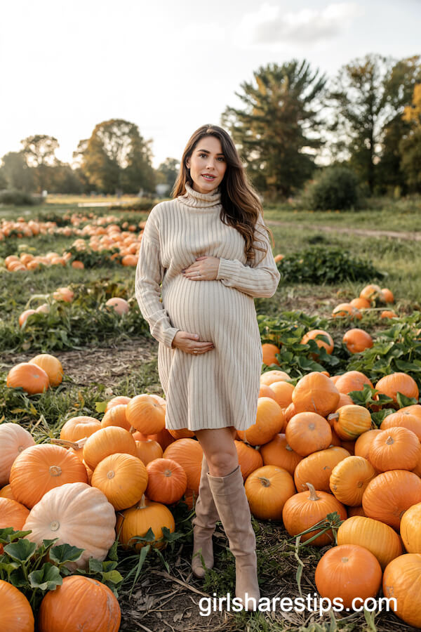 Knit Maternity Sweater Dress and Beige Knee-High Boots