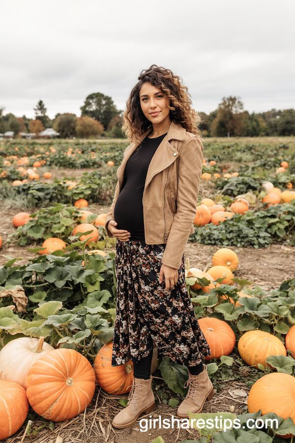 Tan Suede Moto Jacket With Floral Midi Maternity Skirt