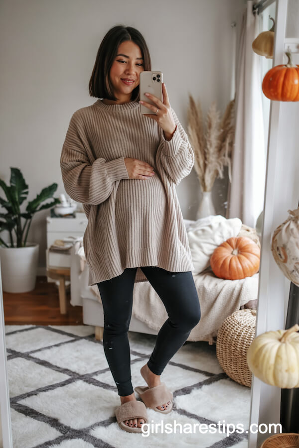 Oversized Beige Sweater With Black Maternity Leggings