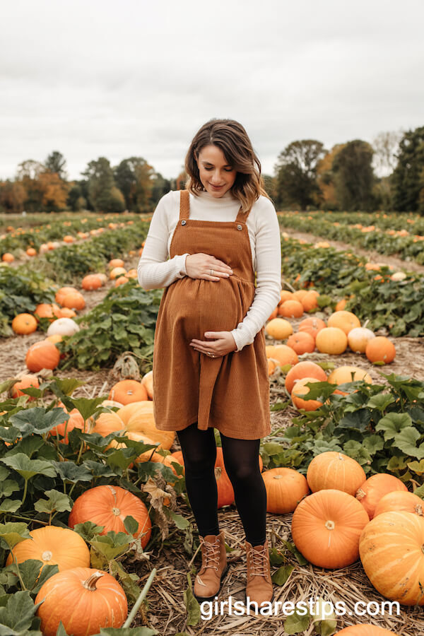 Corduroy Pinafore Dress Over Knit Top and Lace-Up Boots