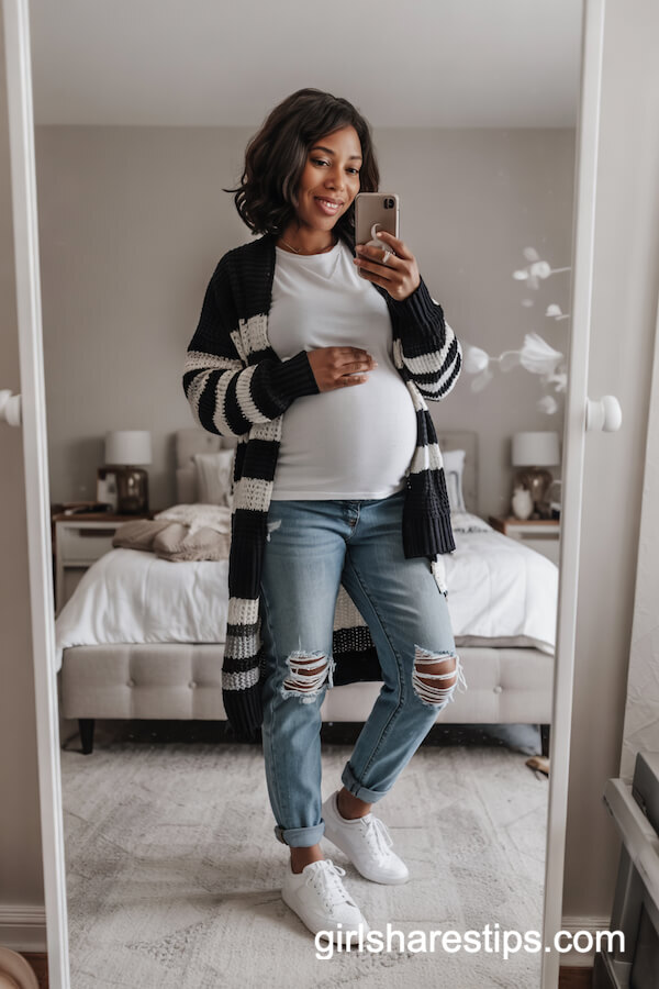 Distressed Maternity Jeans and Chunky Cardigan Ensemble