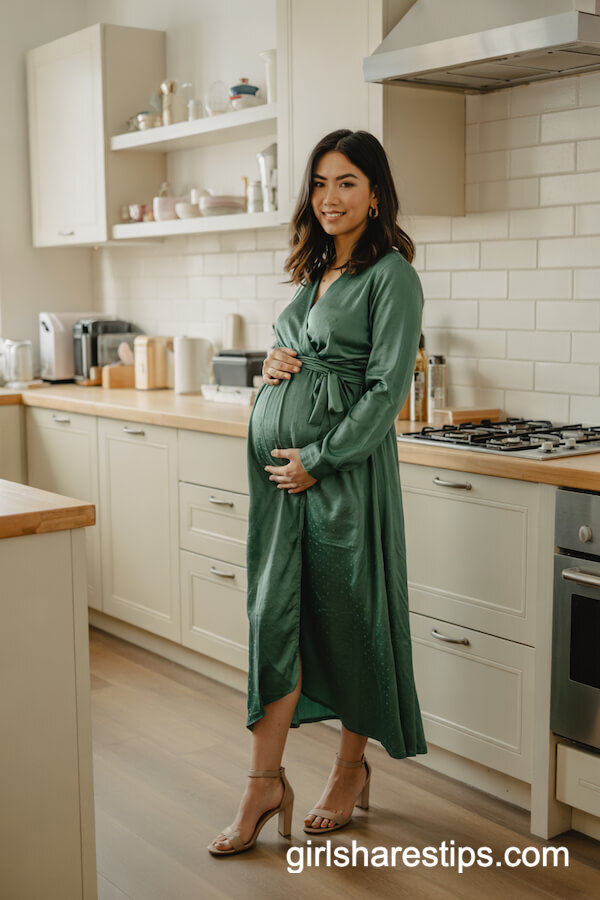 Emerald Green Wrap Dress and Nude Strappy Heels