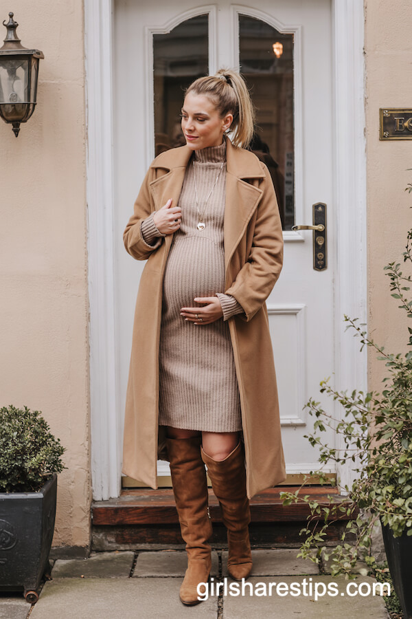 Wool Coat and Ribbed Sweater Dress Cozy Layered Look