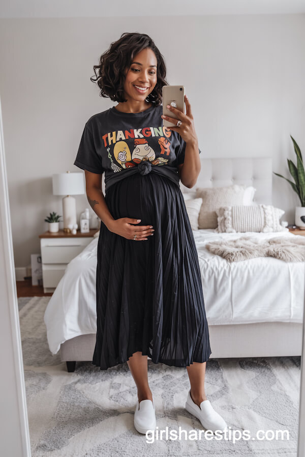 Thanksgiving Graphic Tee and Pleated Midi Skirt Style