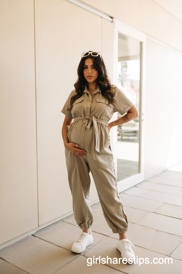 Stone Maternity Utility Jumpsuit with Tie Belt
