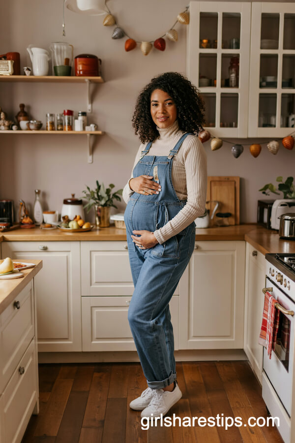 Fitted Denim Overalls and Cream Turtleneck Layering