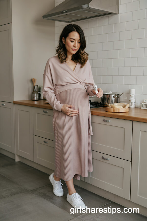 Blush Pink Wrap Sweater and Ribbed Midi Skirt Style
